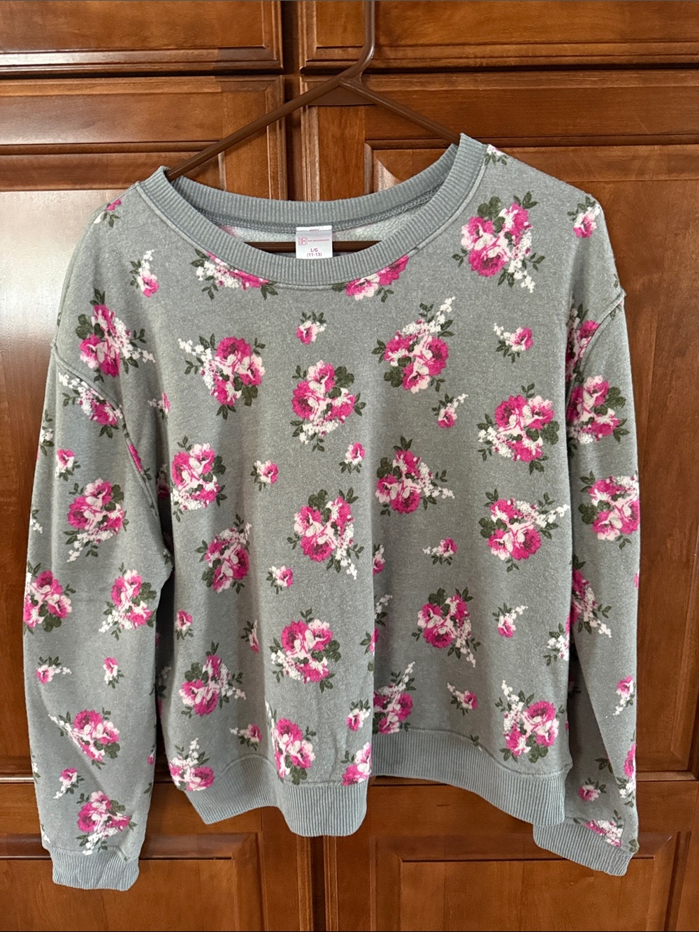 No Boundaries Gray Sweatshirt with Pink Floral Accents